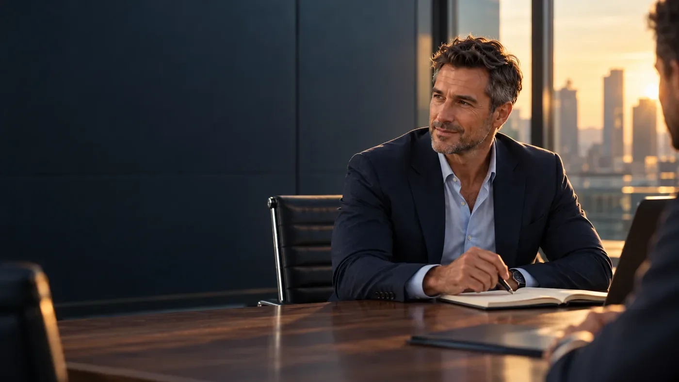 A man in his forties in a meeting at sunset
