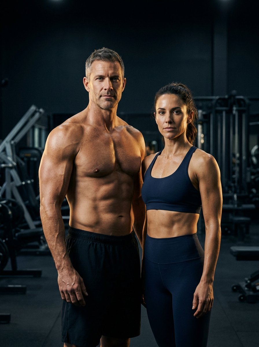 Two athletes standing in a gym.