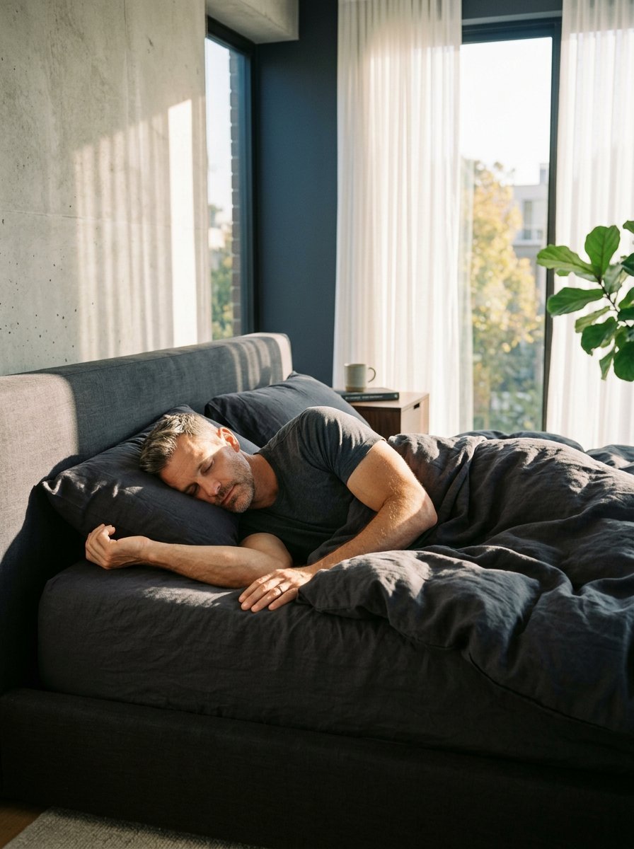 A man asleep in a sunlit bedroom.