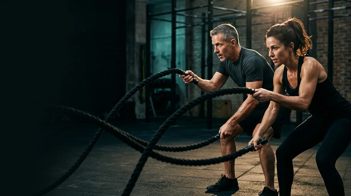 A man and a woman training with battle ropes in a dimly lit gym.